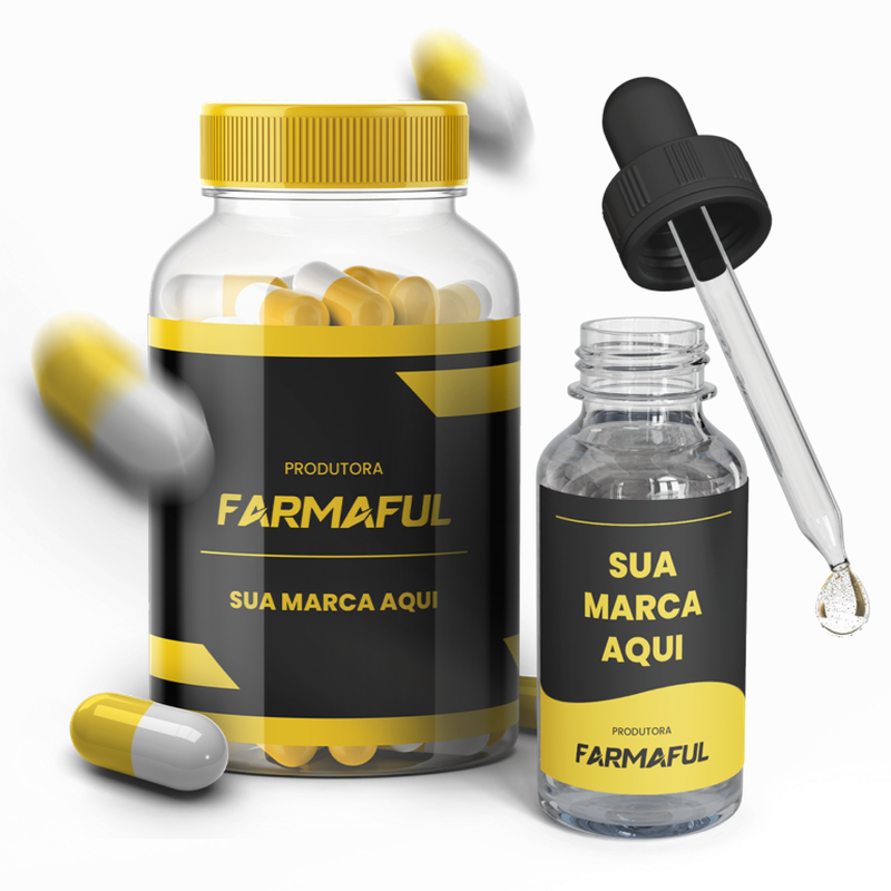 Mockup de produtos Farmaful em marca própria — cápsulas e suplemento líquido