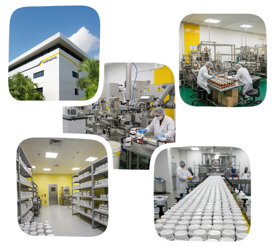Mosaico de imagens da fábrica Farmaful — produção integrada de encapsulados